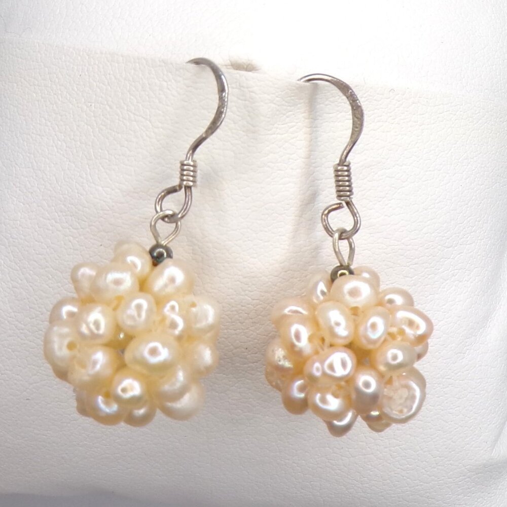 925 Sterling Silver Tiny Pearl Cluster Ball Dangling Earrings